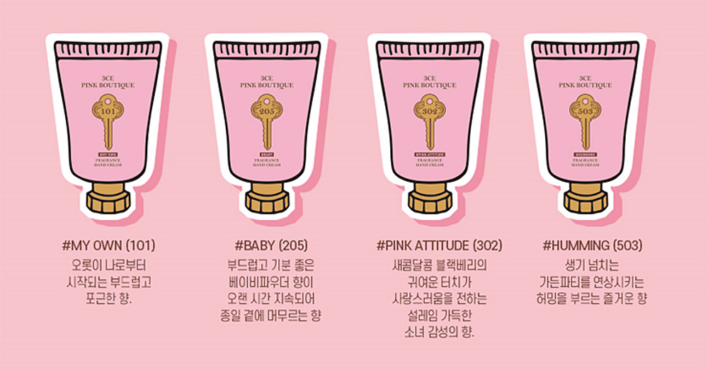 Image of 3CE Pink Boutique Hand Cream 4 Fragrances